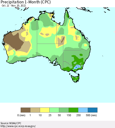 Australia Precipitation 1-Month (CPC) Thematic Map For 10/21/2022 - 11/20/2022