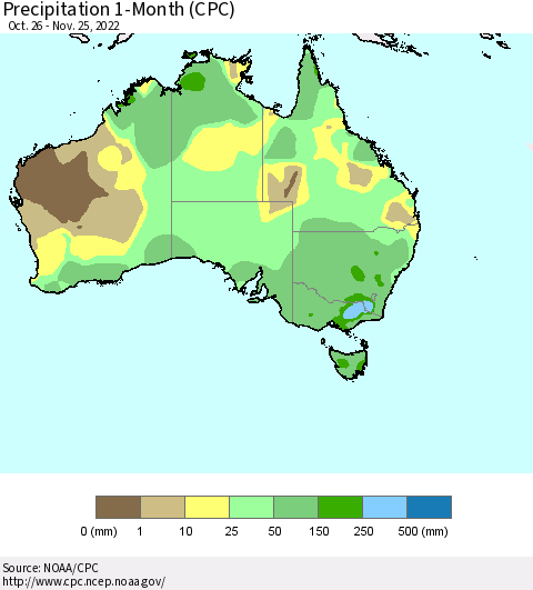 Australia Precipitation 1-Month (CPC) Thematic Map For 10/26/2022 - 11/25/2022