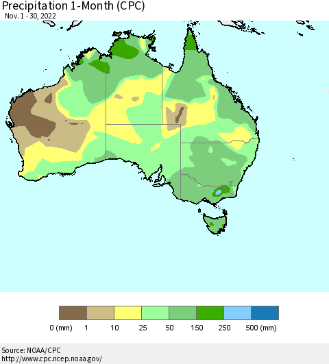 Australia Precipitation 1-Month (CPC) Thematic Map For 11/1/2022 - 11/30/2022