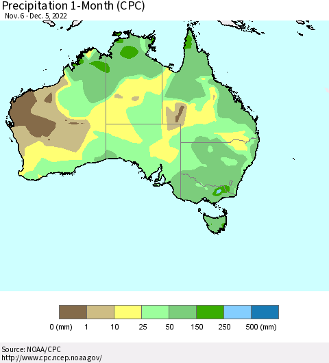 Australia Precipitation 1-Month (CPC) Thematic Map For 11/6/2022 - 12/5/2022