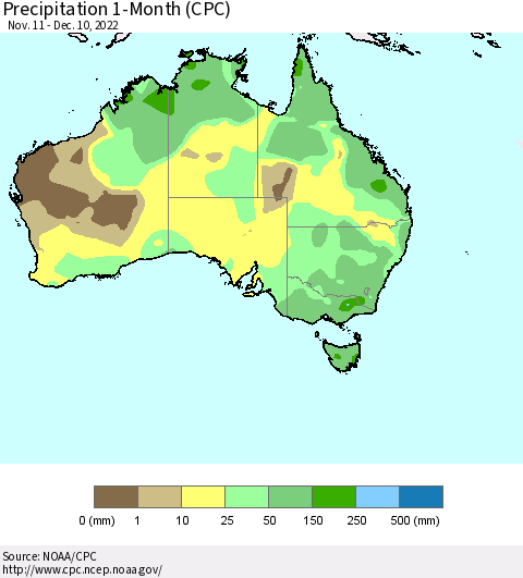Australia Precipitation 1-Month (CPC) Thematic Map For 11/11/2022 - 12/10/2022
