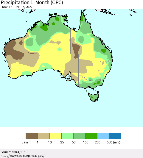 Australia Precipitation 1-Month (CPC) Thematic Map For 11/16/2022 - 12/15/2022