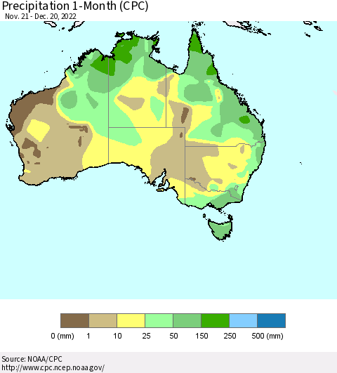 Australia Precipitation 1-Month (CPC) Thematic Map For 11/21/2022 - 12/20/2022