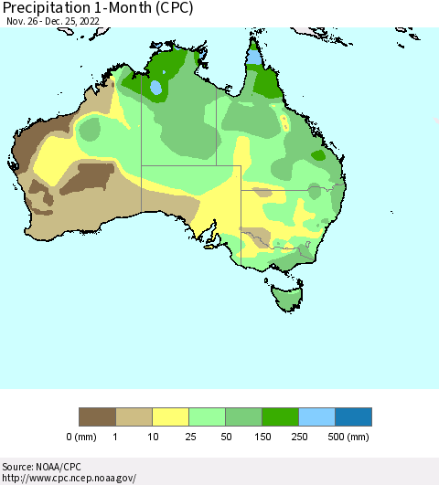 Australia Precipitation 1-Month (CPC) Thematic Map For 11/26/2022 - 12/25/2022