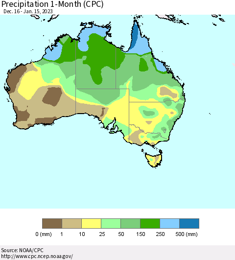 Australia Precipitation 1-Month (CPC) Thematic Map For 12/16/2022 - 1/15/2023
