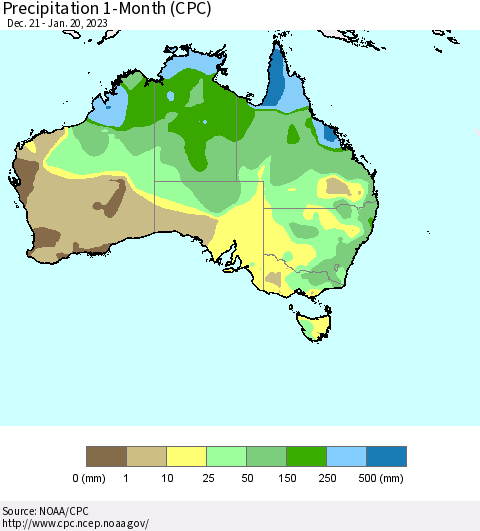 Australia Precipitation 1-Month (CPC) Thematic Map For 12/21/2022 - 1/20/2023