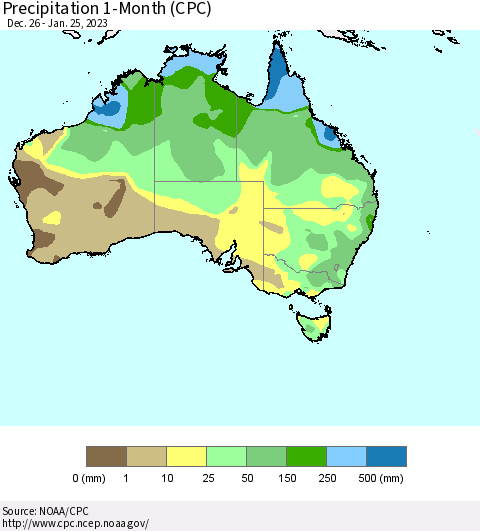 Australia Precipitation 1-Month (CPC) Thematic Map For 12/26/2022 - 1/25/2023