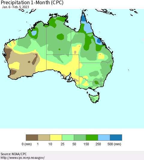Australia Precipitation 1-Month (CPC) Thematic Map For 1/6/2023 - 2/5/2023