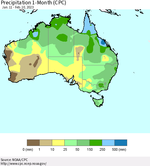 Australia Precipitation 1-Month (CPC) Thematic Map For 1/11/2023 - 2/10/2023