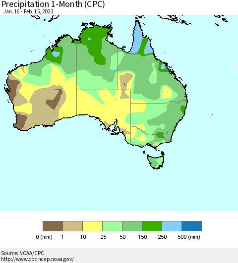 Australia Precipitation 1-Month (CPC) Thematic Map For 1/16/2023 - 2/15/2023