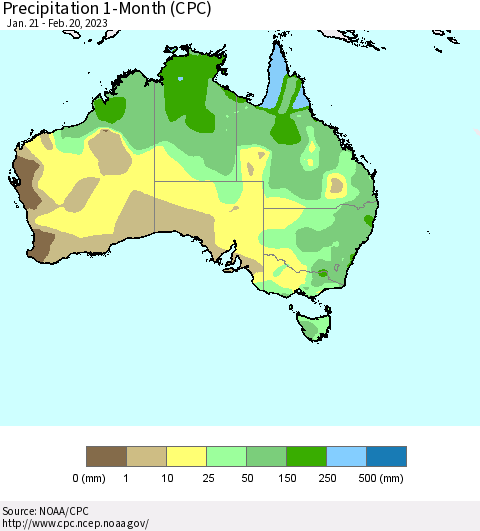 Australia Precipitation 1-Month (CPC) Thematic Map For 1/21/2023 - 2/20/2023