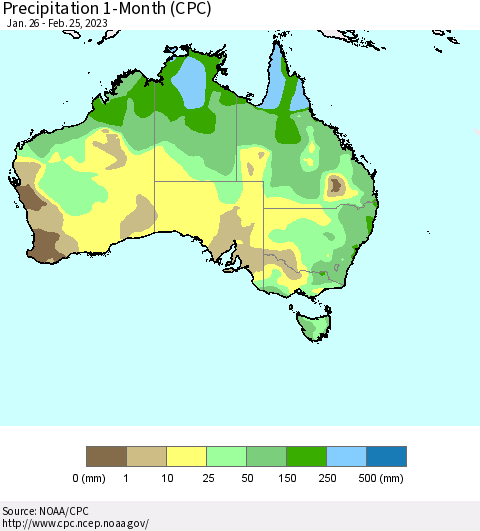 Australia Precipitation 1-Month (CPC) Thematic Map For 1/26/2023 - 2/25/2023