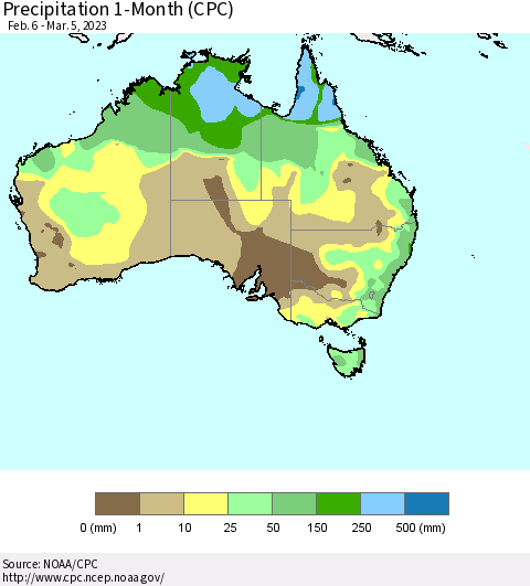 Australia Precipitation 1-Month (CPC) Thematic Map For 2/6/2023 - 3/5/2023