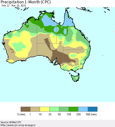 Australia Precipitation 1-Month (CPC) Thematic Map For 2/11/2023 - 3/10/2023