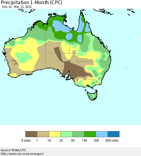 Australia Precipitation 1-Month (CPC) Thematic Map For 2/16/2023 - 3/15/2023