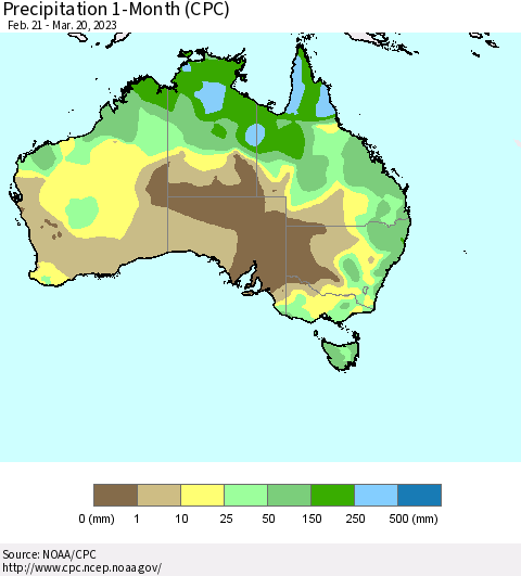 Australia Precipitation 1-Month (CPC) Thematic Map For 2/21/2023 - 3/20/2023