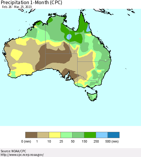 Australia Precipitation 1-Month (CPC) Thematic Map For 2/26/2023 - 3/25/2023