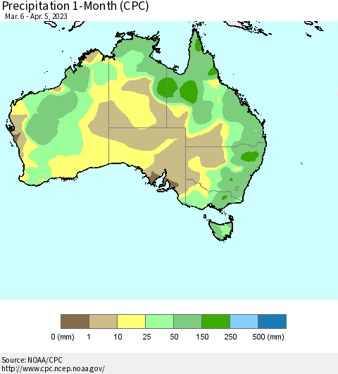 Australia Precipitation 1-Month (CPC) Thematic Map For 3/6/2023 - 4/5/2023