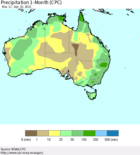 Australia Precipitation 1-Month (CPC) Thematic Map For 3/11/2023 - 4/10/2023