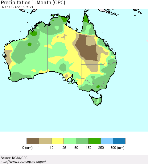 Australia Precipitation 1-Month (CPC) Thematic Map For 3/16/2023 - 4/15/2023
