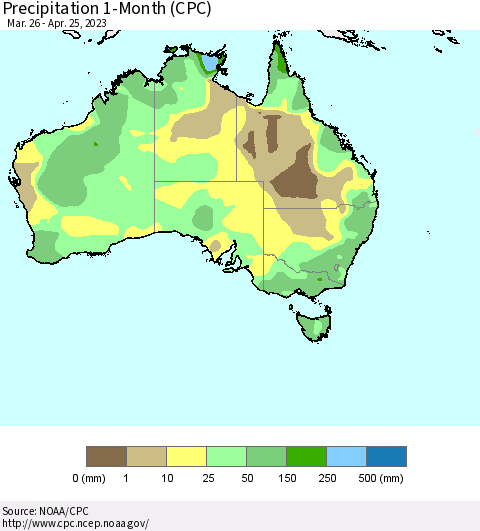 Australia Precipitation 1-Month (CPC) Thematic Map For 3/26/2023 - 4/25/2023