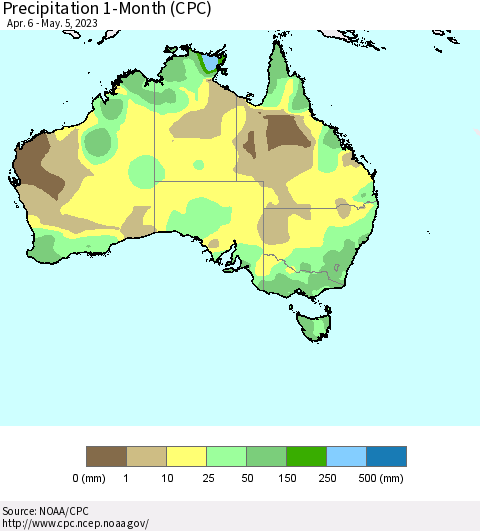 Australia Precipitation 1-Month (CPC) Thematic Map For 4/6/2023 - 5/5/2023