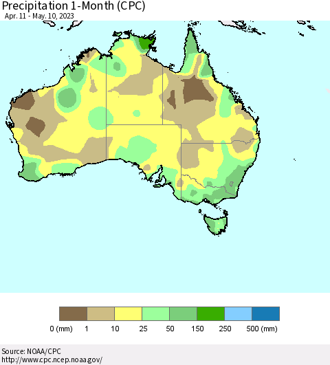 Australia Precipitation 1-Month (CPC) Thematic Map For 4/11/2023 - 5/10/2023