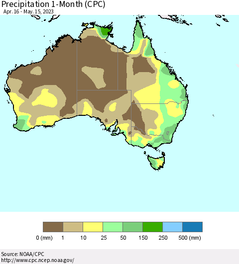 Australia Precipitation 1-Month (CPC) Thematic Map For 4/16/2023 - 5/15/2023