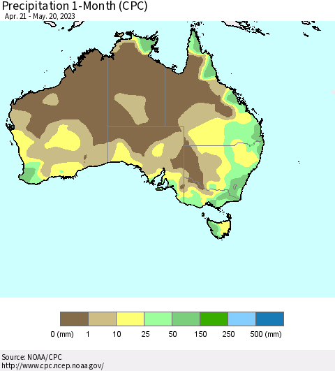 Australia Precipitation 1-Month (CPC) Thematic Map For 4/21/2023 - 5/20/2023
