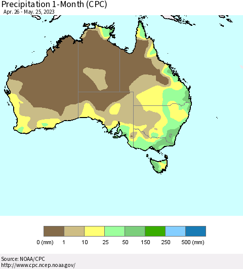 Australia Precipitation 1-Month (CPC) Thematic Map For 4/26/2023 - 5/25/2023