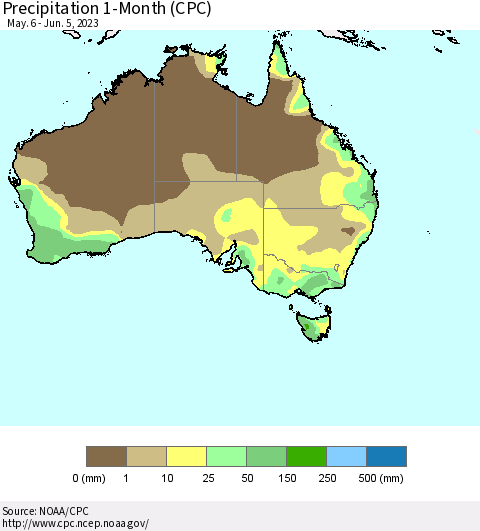 Australia Precipitation 1-Month (CPC) Thematic Map For 5/6/2023 - 6/5/2023