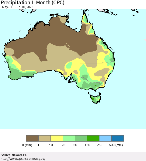 Australia Precipitation 1-Month (CPC) Thematic Map For 5/11/2023 - 6/10/2023