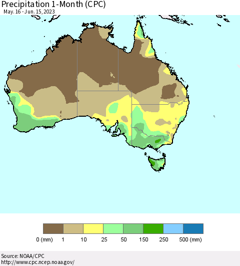 Australia Precipitation 1-Month (CPC) Thematic Map For 5/16/2023 - 6/15/2023