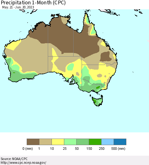 Australia Precipitation 1-Month (CPC) Thematic Map For 5/21/2023 - 6/20/2023