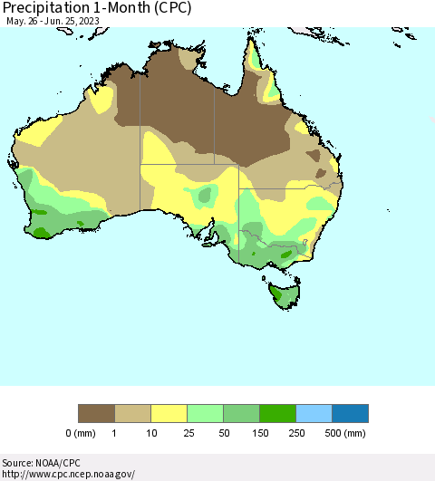Australia Precipitation 1-Month (CPC) Thematic Map For 5/26/2023 - 6/25/2023