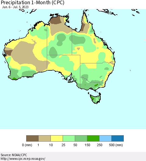 Australia Precipitation 1-Month (CPC) Thematic Map For 6/6/2023 - 7/5/2023