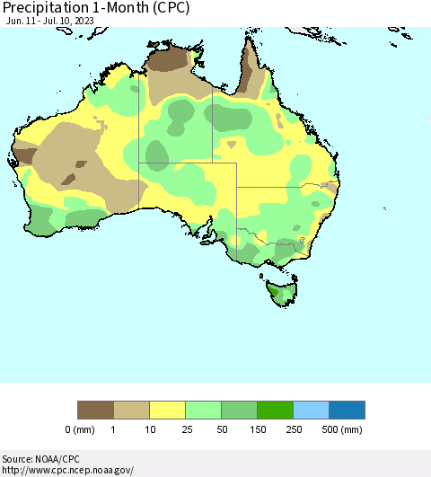 Australia Precipitation 1-Month (CPC) Thematic Map For 6/11/2023 - 7/10/2023