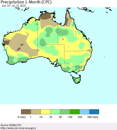 Australia Precipitation 1-Month (CPC) Thematic Map For 6/16/2023 - 7/15/2023