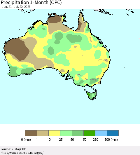 Australia Precipitation 1-Month (CPC) Thematic Map For 6/21/2023 - 7/20/2023