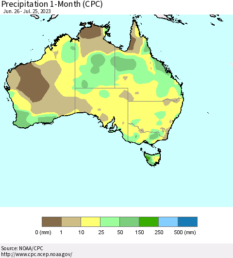 Australia Precipitation 1-Month (CPC) Thematic Map For 6/26/2023 - 7/25/2023