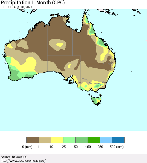 Australia Precipitation 1-Month (CPC) Thematic Map For 7/11/2023 - 8/10/2023