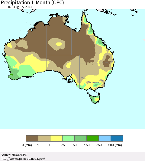 Australia Precipitation 1-Month (CPC) Thematic Map For 7/16/2023 - 8/15/2023