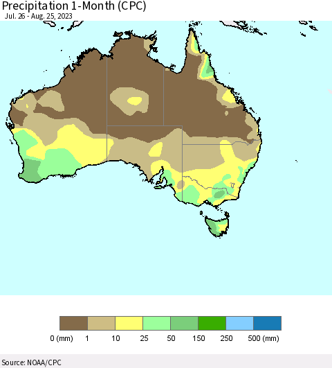 Australia Precipitation 1-Month (CPC) Thematic Map For 7/26/2023 - 8/25/2023