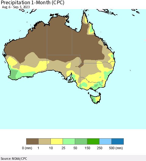 Australia Precipitation 1-Month (CPC) Thematic Map For 8/6/2023 - 9/5/2023