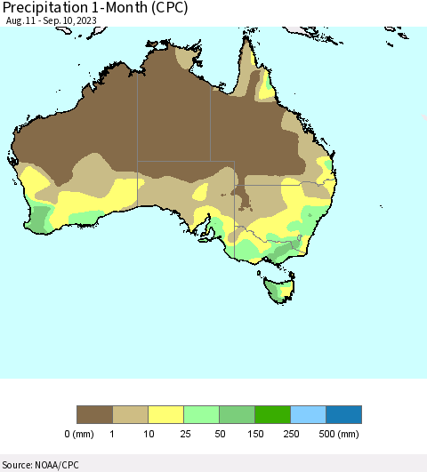 Australia Precipitation 1-Month (CPC) Thematic Map For 8/11/2023 - 9/10/2023