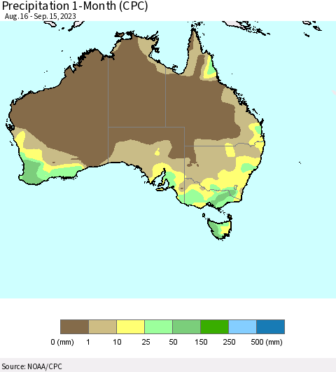 Australia Precipitation 1-Month (CPC) Thematic Map For 8/16/2023 - 9/15/2023