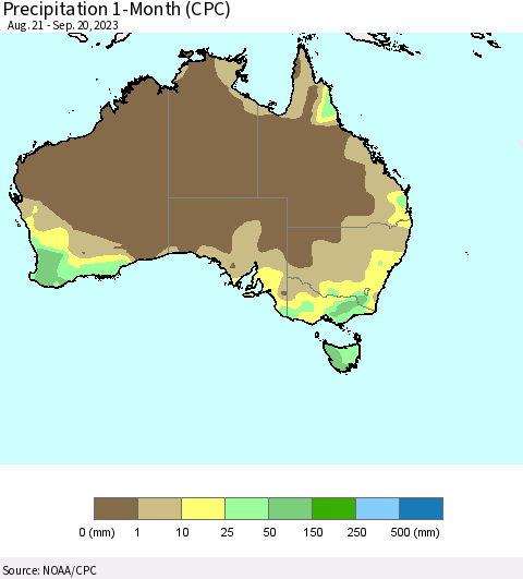 Australia Precipitation 1-Month (CPC) Thematic Map For 8/21/2023 - 9/20/2023