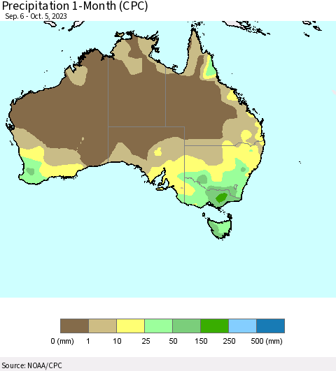 Australia Precipitation 1-Month (CPC) Thematic Map For 9/6/2023 - 10/5/2023