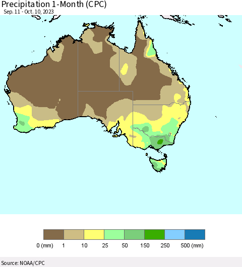 Australia Precipitation 1-Month (CPC) Thematic Map For 9/11/2023 - 10/10/2023