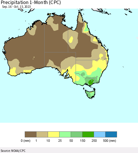 Australia Precipitation 1-Month (CPC) Thematic Map For 9/16/2023 - 10/15/2023